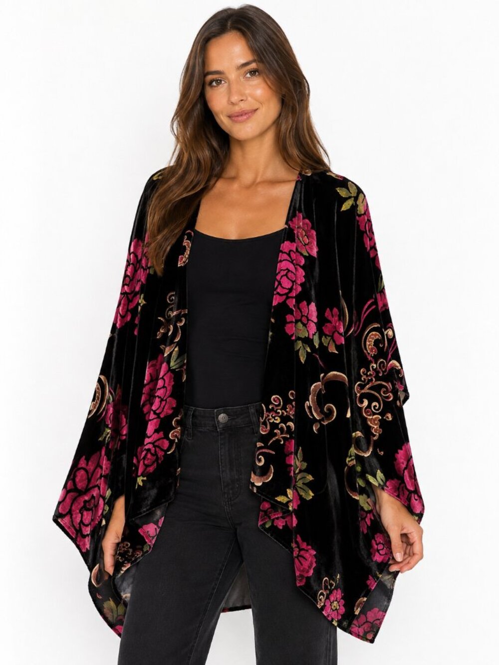 Woven Hearts Velvet Burnout Kimono Jacket Topper Floral One Size OS Boho